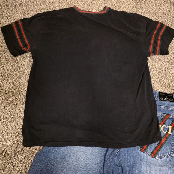 Vintage Gucci Set Mens 42 Denim Shorts & 4XL T Shirt Relaxed Fit Logo Stripe - Picture 13 of 16